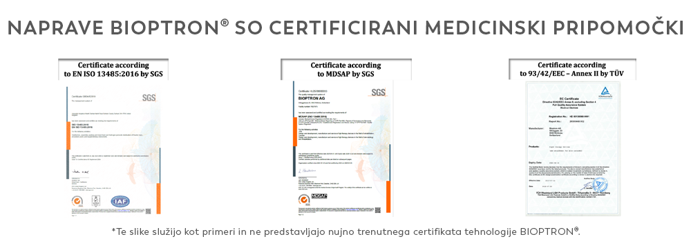 Certifikati Bioptron - EN ISO 13485:2016 (SGS), MDSAP (SGS) in 93/42/EEC Annex II (TUV)